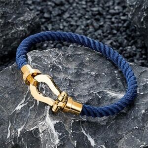 Mens Navy Blue Woven Rope Bracelet with Gold Plated Shackle Clasp